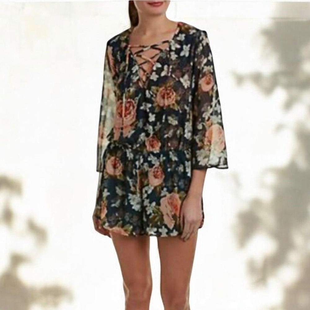 Whimsical Boho Romper Show Me Your Mumu Romantic Medium Teal Floral Tillie Tie